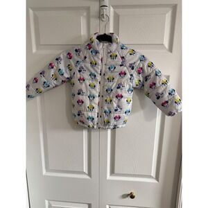 Disney Minnie Mouse Puffer Jacket White Rainbow Cartoon Print Zip Up Kids Size 3